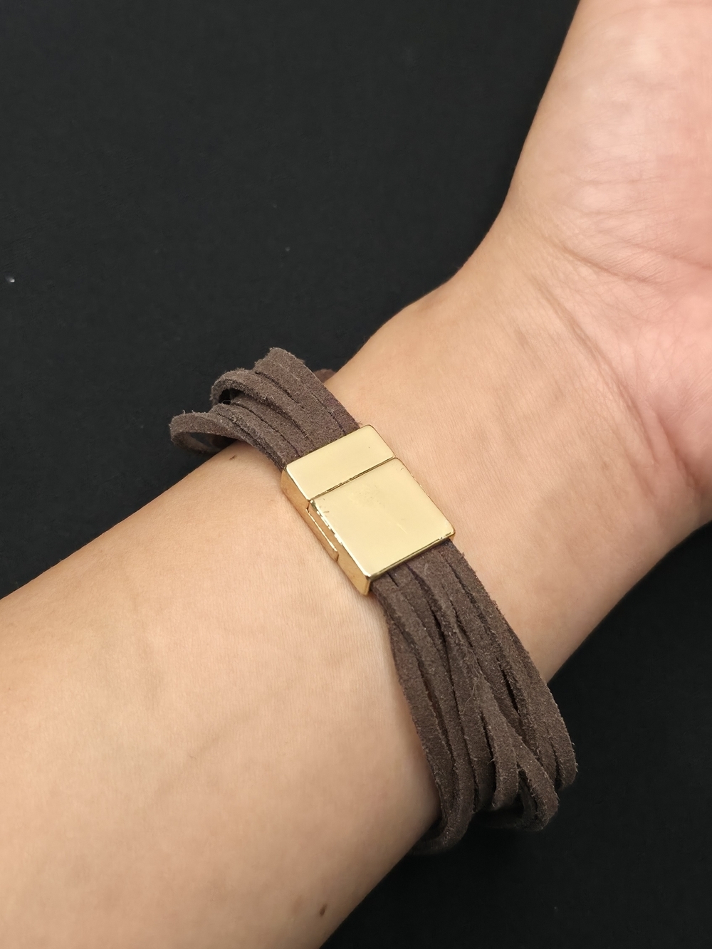 Artisan Gold Bar Brown Suede Multi-Strand Wrap Bracelet 8" - Picture 2 of 4